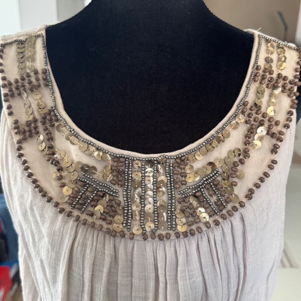 Womens L-XL Taupe Beaded Sequin Neckline Sleeveless Maxi Dress Cowl Back - Picture 6 of 10